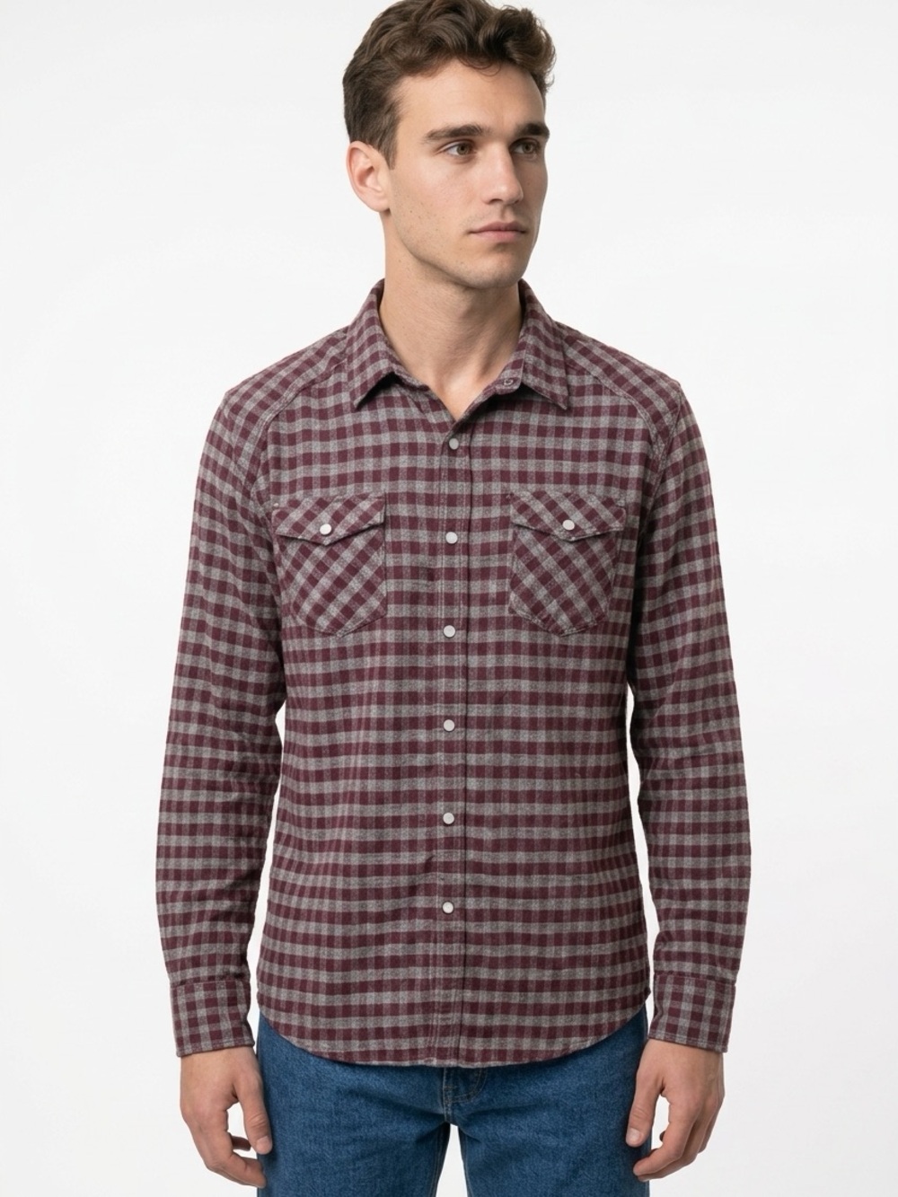 American Rag men’s long sleeve button up shirt purple & gray checks size Large